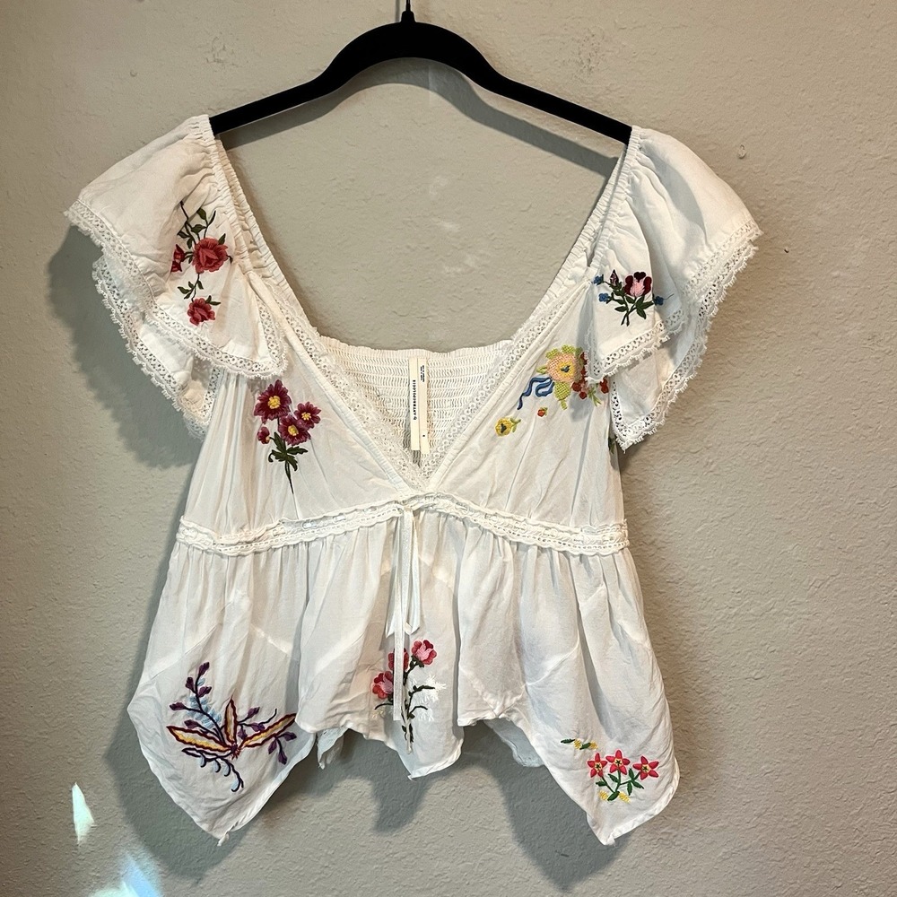 Anthropologie Top Small White Embroidered Patched Hanky Babydoll Bohemian Hippie